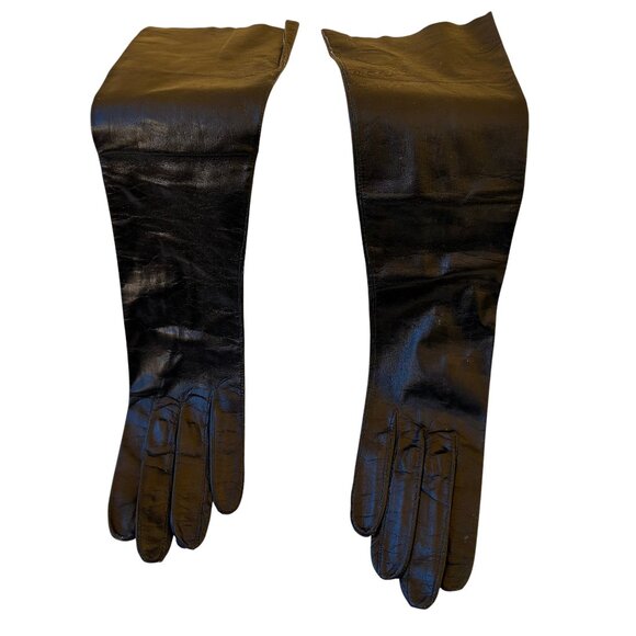Vintage 60's FRANCE Black Kid Leather Opera Elbow Length Gloves France 6.5 NEW - Picture 4 of 9